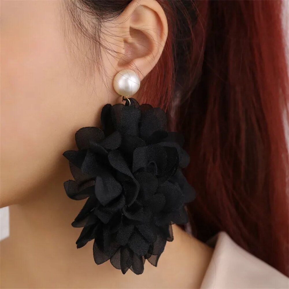 NEW Coco Black Chiffon Flower and Pearl Drop Earrings